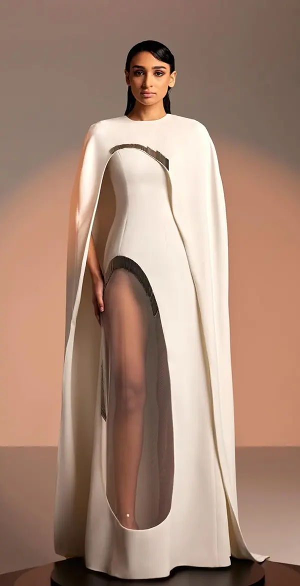 femme avec longue robe blanche, découpe au niveau de la jambe droite, couverte d'une longue cape