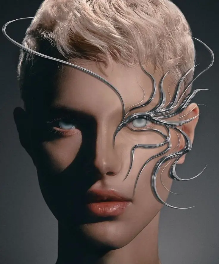 femme portant un bijou de tête métallique et futuriste